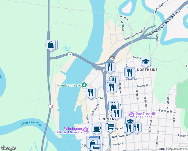 map of restaurants, bars, coffee shops, grocery stores, and more near 1015 Nutt Street in Wilmington