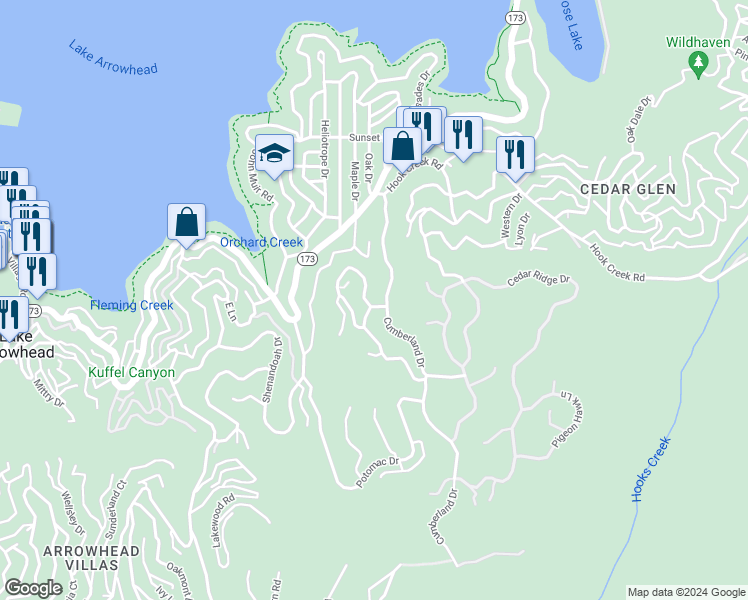 map of restaurants, bars, coffee shops, grocery stores, and more near 197 Mill Pond Road in Lake Arrowhead