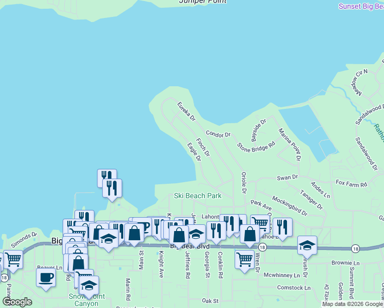 map of restaurants, bars, coffee shops, grocery stores, and more near 138 Eagle Drive in Big Bear Lake