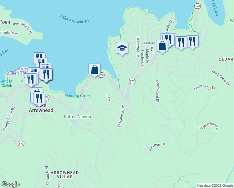map of restaurants, bars, coffee shops, grocery stores, and more near 193 John Muir Road in Lake Arrowhead