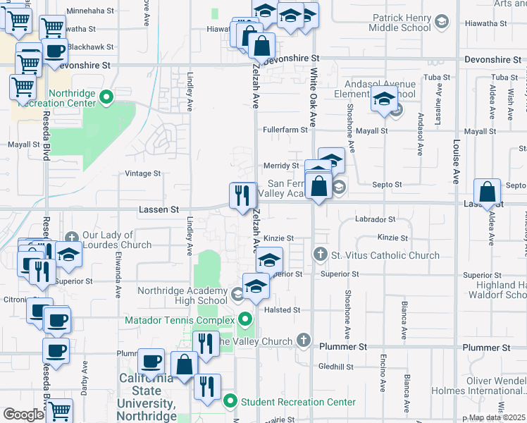 map of restaurants, bars, coffee shops, grocery stores, and more near 17830 Lassen Street in Los Angeles