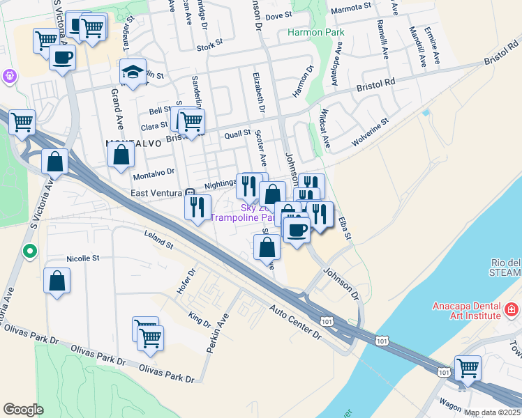 map of restaurants, bars, coffee shops, grocery stores, and more near 2747 Sherwin Avenue in Ventura