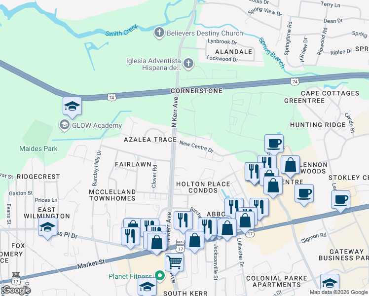 map of restaurants, bars, coffee shops, grocery stores, and more near 502 Shortfin Drive in Wilmington