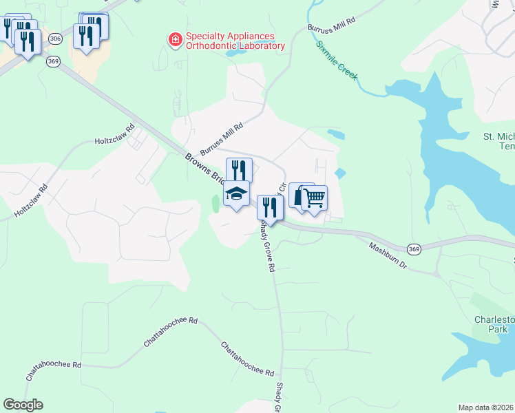 map of restaurants, bars, coffee shops, grocery stores, and more near 5020 Shady Grove Road in Cumming