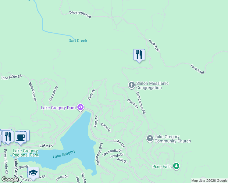 map of restaurants, bars, coffee shops, grocery stores, and more near Edelweiss Drive in Crestline