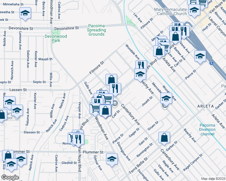 map of restaurants, bars, coffee shops, grocery stores, and more near 9880 Canterbury Avenue in Los Angeles