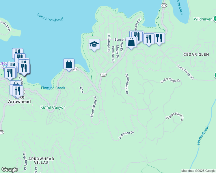 map of restaurants, bars, coffee shops, grocery stores, and more near 226 Hidden Forest Road in Lake Arrowhead