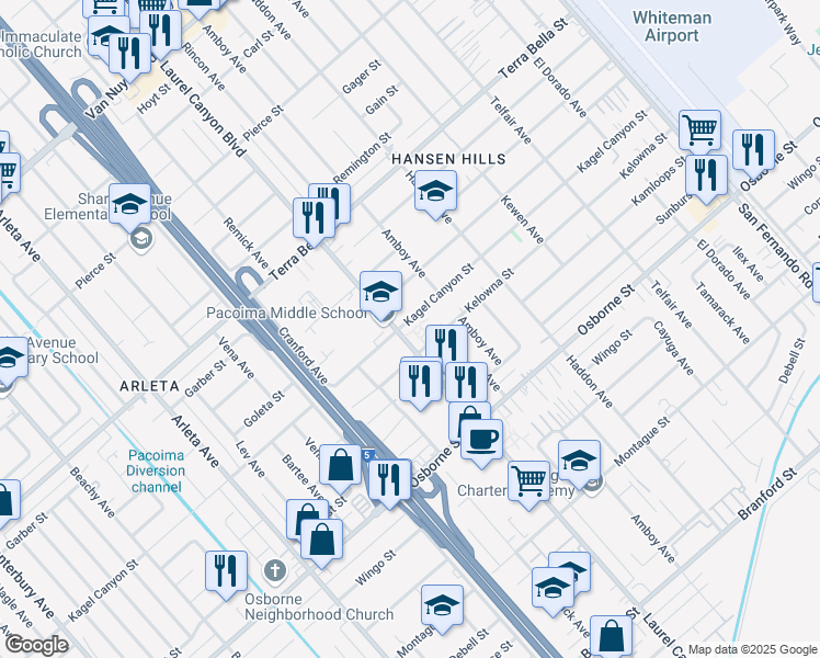 map of restaurants, bars, coffee shops, grocery stores, and more near 13276 Kagel Canyon Street in Los Angeles
