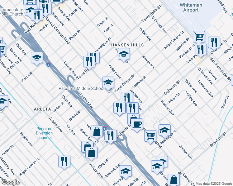 map of restaurants, bars, coffee shops, grocery stores, and more near 13276 Kagel Canyon Street in Los Angeles