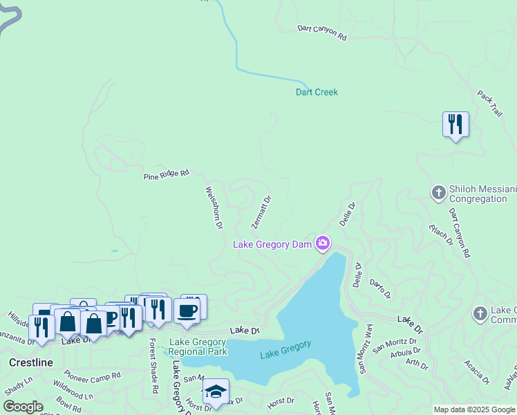 map of restaurants, bars, coffee shops, grocery stores, and more near 190 Zermatt Drive in Crestline