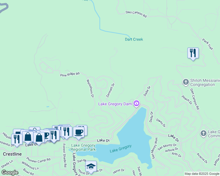 map of restaurants, bars, coffee shops, grocery stores, and more near 190 Zermatt Drive in Crestline