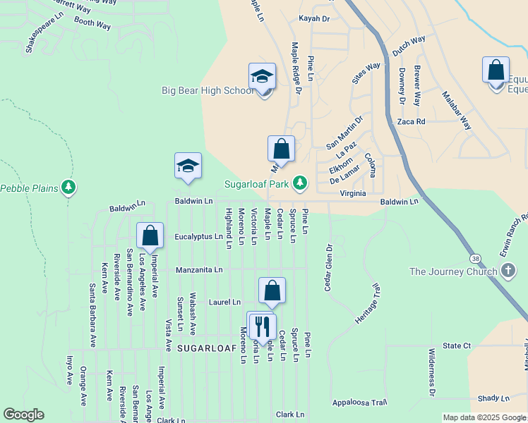 map of restaurants, bars, coffee shops, grocery stores, and more near 130 Maple Lane in Big Bear
