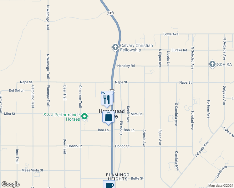 map of restaurants, bars, coffee shops, grocery stores, and more near 2 Old Woman Springs Road in Yucca Valley