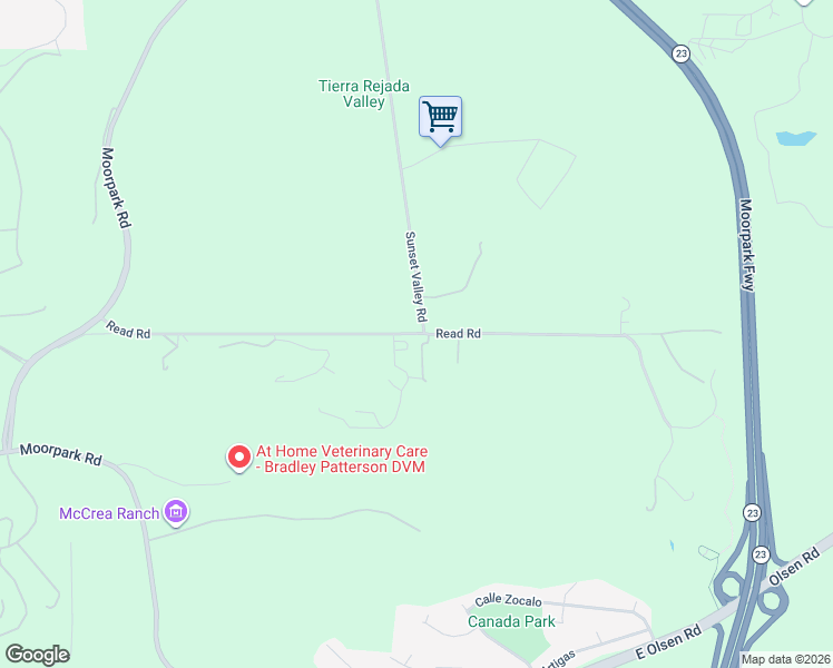 map of restaurants, bars, coffee shops, grocery stores, and more near Read Road in Thousand Oaks