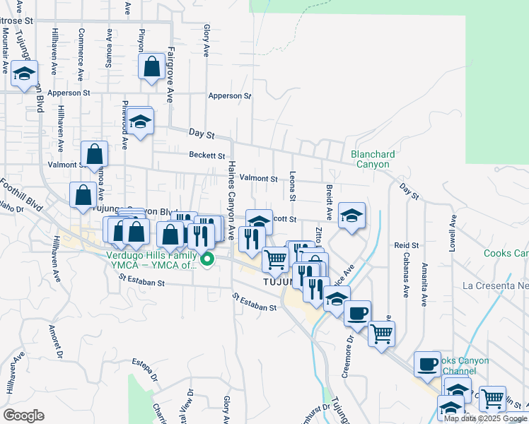 map of restaurants, bars, coffee shops, grocery stores, and more near 9947 Tujunga Canyon Boulevard in Los Angeles