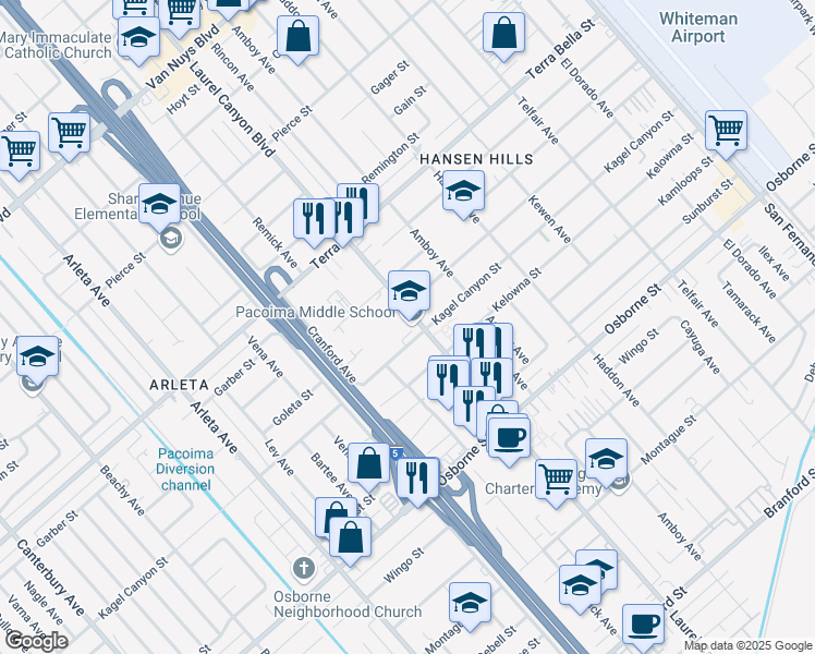 map of restaurants, bars, coffee shops, grocery stores, and more near 9919 Laurel Canyon Boulevard in Los Angeles