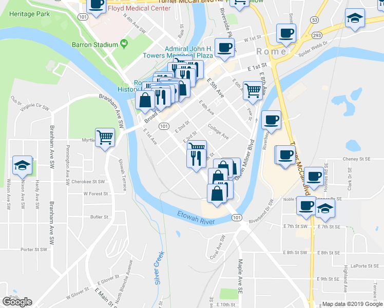map of restaurants, bars, coffee shops, grocery stores, and more near 309 East 2nd Avenue in Rome