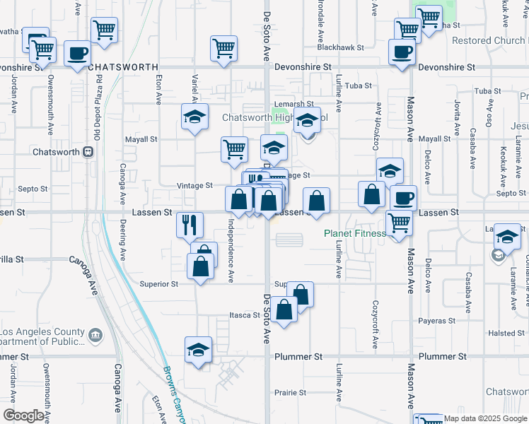 map of restaurants, bars, coffee shops, grocery stores, and more near 20909 Lassen St in Los Angeles