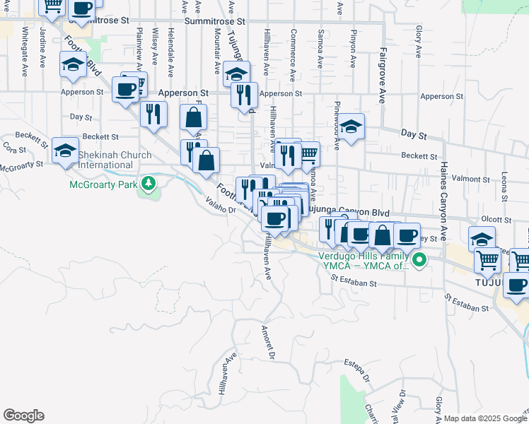 map of restaurants, bars, coffee shops, grocery stores, and more near 7277 Foothill Boulevard in Los Angeles