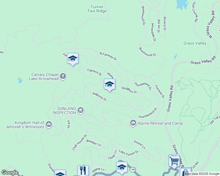 map of restaurants, bars, coffee shops, grocery stores, and more near 26335 Walnut Hills Drive in Lake Arrowhead