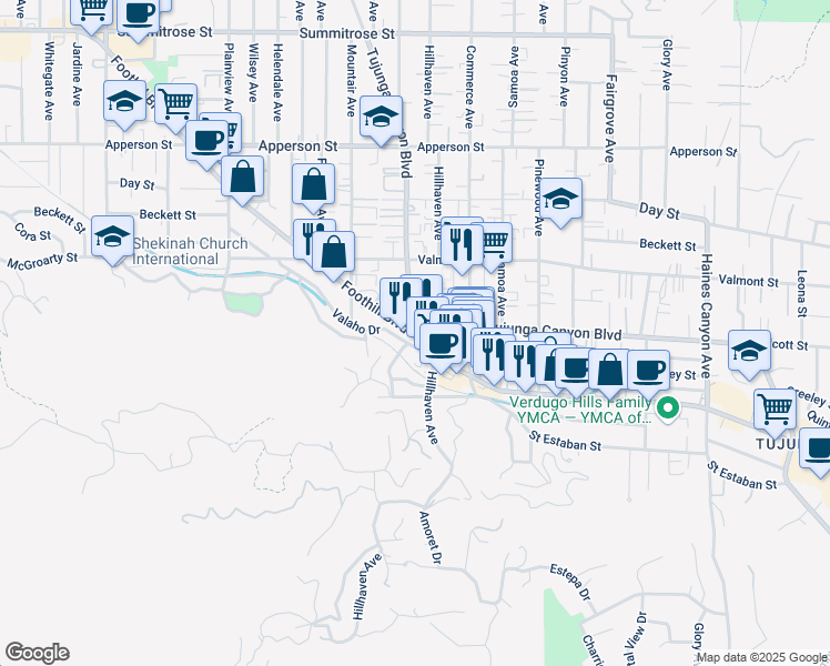 map of restaurants, bars, coffee shops, grocery stores, and more near Foothill Blvd & Hillhaven Ave in Los Angeles