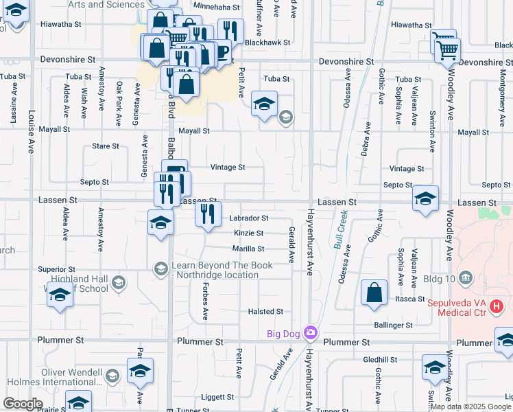 map of restaurants, bars, coffee shops, grocery stores, and more near 16732 Lassen Street in Los Angeles