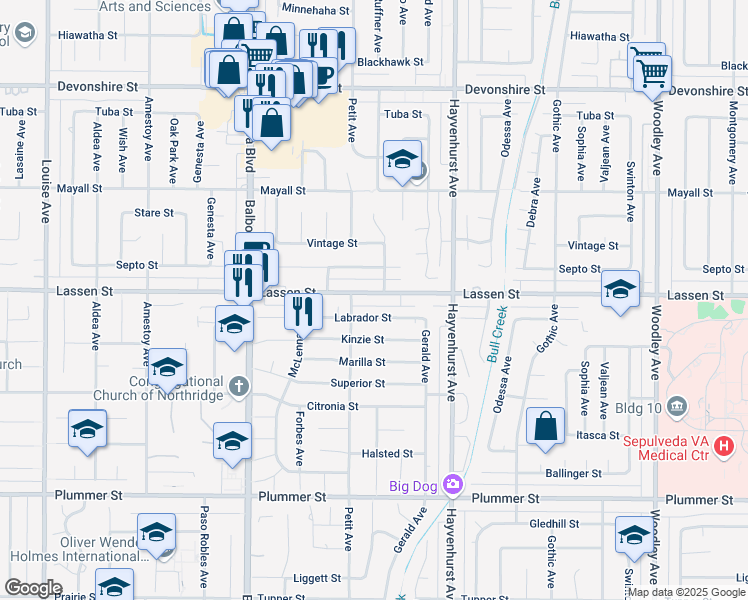 map of restaurants, bars, coffee shops, grocery stores, and more near 16732 Lassen Street in Los Angeles