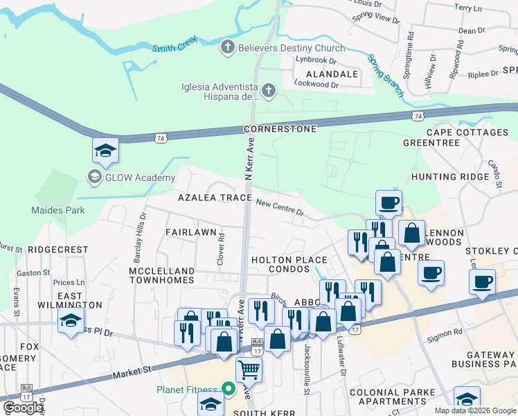map of restaurants, bars, coffee shops, grocery stores, and more near 502 Shortfin Drive in Wilmington