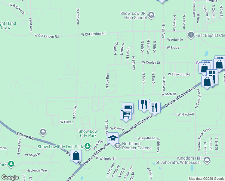 map of restaurants, bars, coffee shops, grocery stores, and more near 11 North Canyon Loop in Show Low