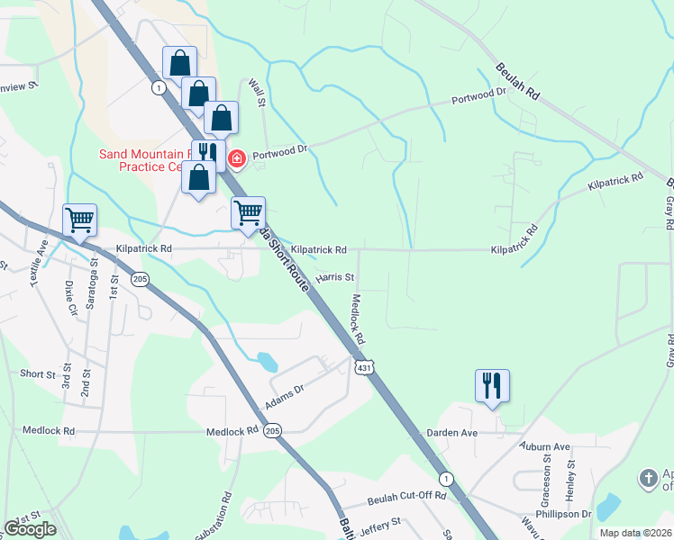 map of restaurants, bars, coffee shops, grocery stores, and more near 1205 Harris Street in Albertville