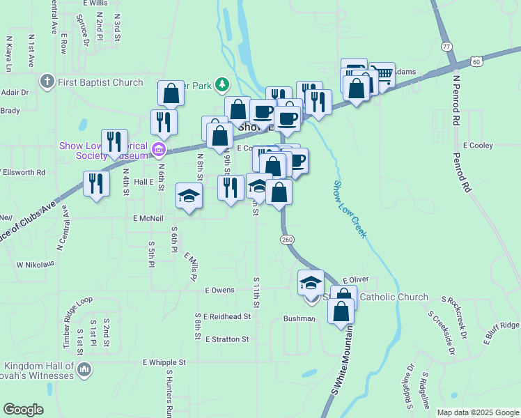 map of restaurants, bars, coffee shops, grocery stores, and more near in Show Low