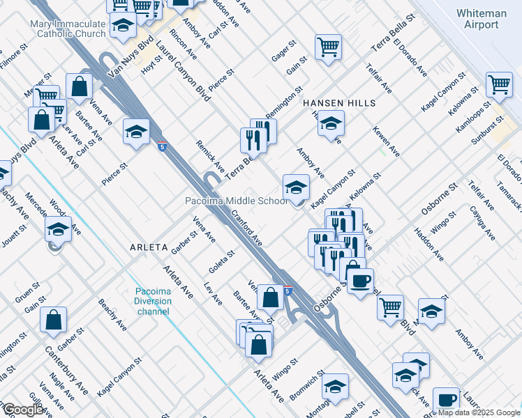 map of restaurants, bars, coffee shops, grocery stores, and more near 9919 Laurel Canyon Boulevard in Los Angeles