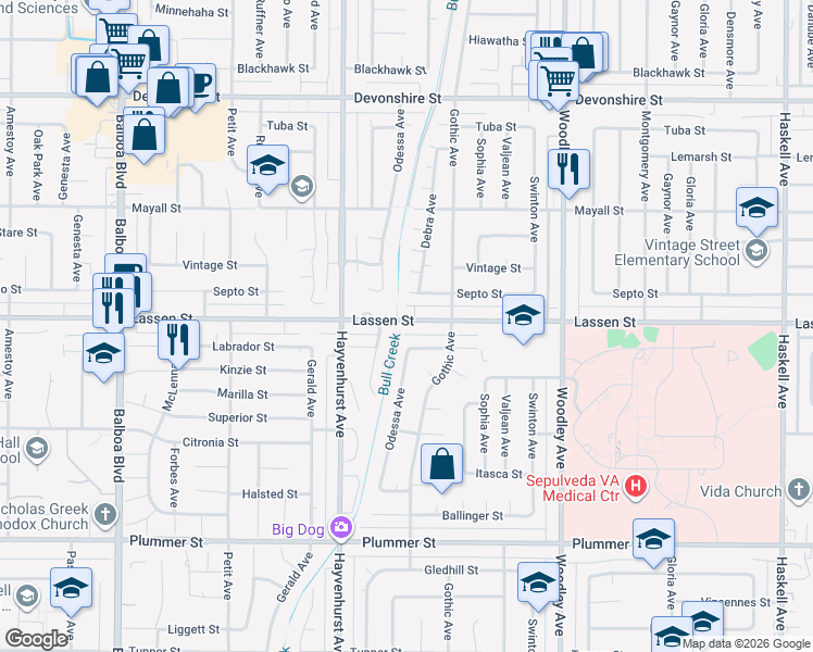 map of restaurants, bars, coffee shops, grocery stores, and more near 16447 Labrador Street in Los Angeles