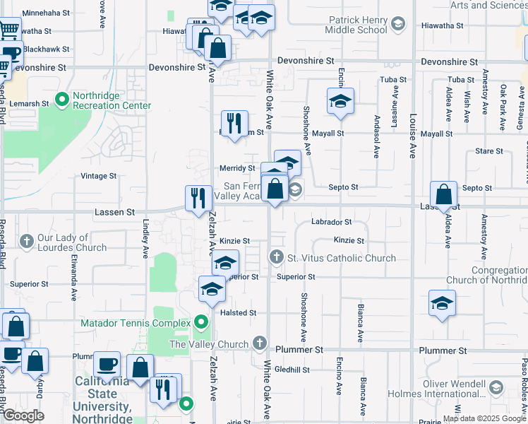 map of restaurants, bars, coffee shops, grocery stores, and more near 9836 White Oak Avenue in Los Angeles