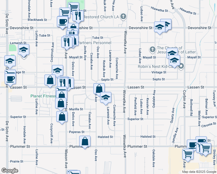 map of restaurants, bars, coffee shops, grocery stores, and more near 20215 Labrador Street in Los Angeles