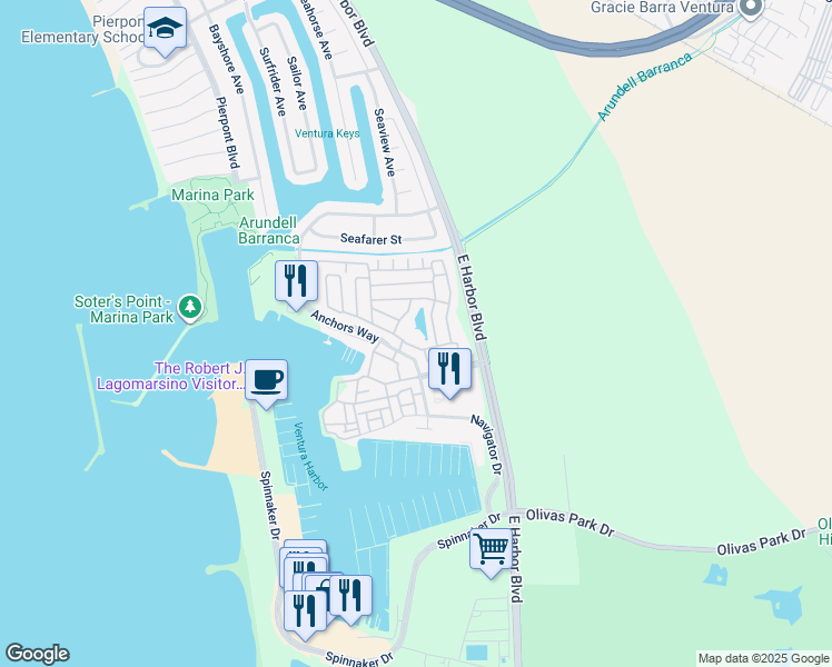 map of restaurants, bars, coffee shops, grocery stores, and more near 3 Ventura Marina Mobile Home Park in Ventura