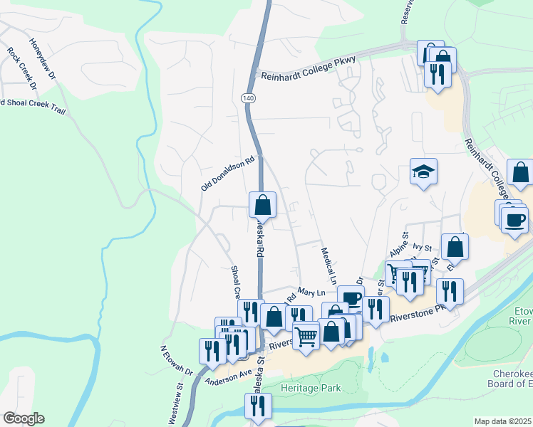 map of restaurants, bars, coffee shops, grocery stores, and more near 560 Waleska Road in Canton