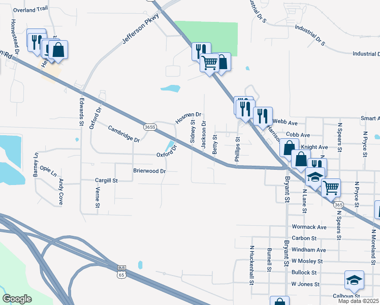 map of restaurants, bars, coffee shops, grocery stores, and more near 6328 Sheridan Road in Pine Bluff