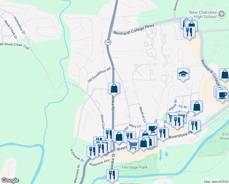 map of restaurants, bars, coffee shops, grocery stores, and more near 560 Waleska Road in Canton