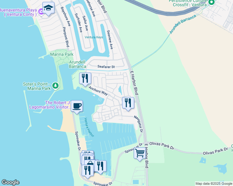 map of restaurants, bars, coffee shops, grocery stores, and more near 1215 Anchors Way in Ventura