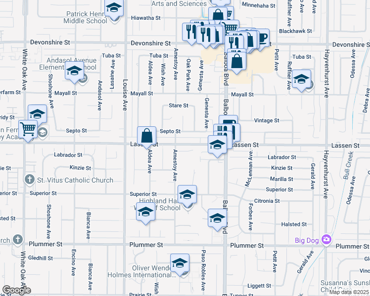 map of restaurants, bars, coffee shops, grocery stores, and more near 17115 Labrador Street in Los Angeles