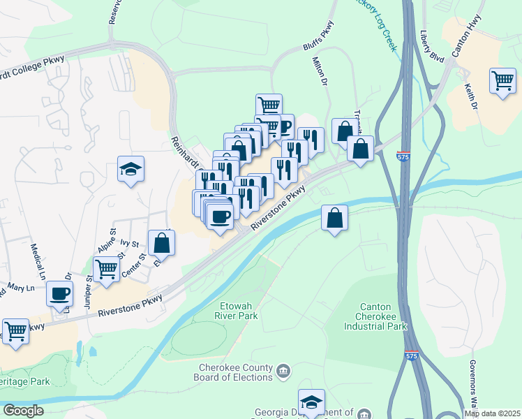 map of restaurants, bars, coffee shops, grocery stores, and more near 1409 Riverstone Parkway in Canton
