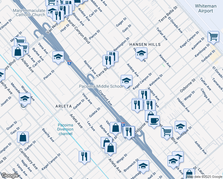 map of restaurants, bars, coffee shops, grocery stores, and more near 9919 Laurel Canyon Boulevard in Los Angeles