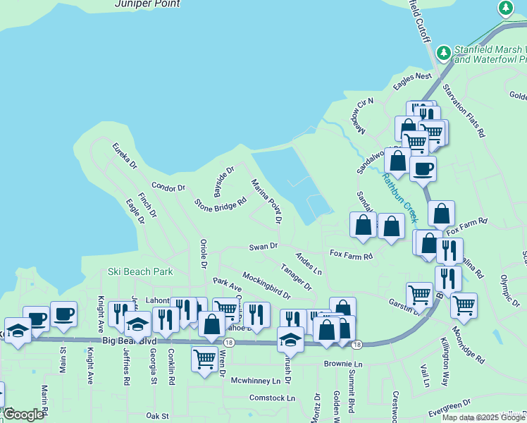 map of restaurants, bars, coffee shops, grocery stores, and more near 113 Meadow View Drive in Big Bear Lake