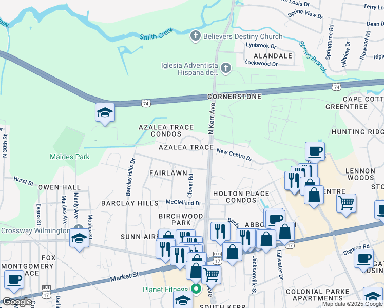 map of restaurants, bars, coffee shops, grocery stores, and more near 4246 Sunglow Drive in Wilmington