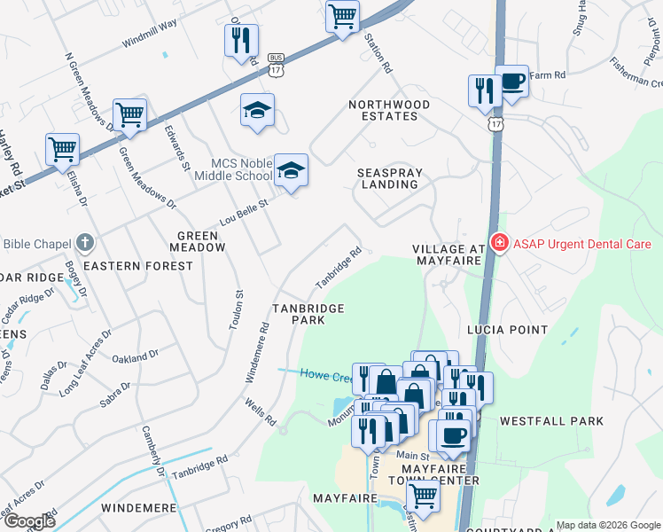 map of restaurants, bars, coffee shops, grocery stores, and more near 621 Tanbridge Rd in Wilmington