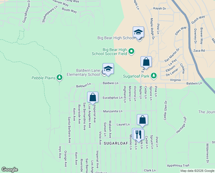 map of restaurants, bars, coffee shops, grocery stores, and more near 124 Wabash Avenue in Big Bear