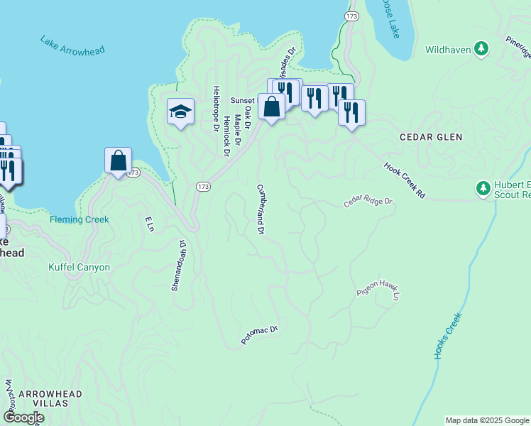 map of restaurants, bars, coffee shops, grocery stores, and more near 177 Cumberland Drive in Lake Arrowhead