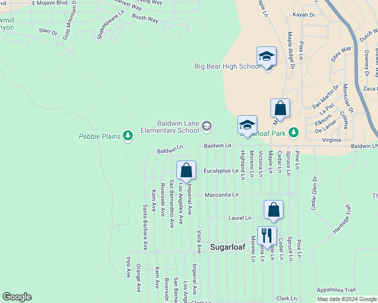 map of restaurants, bars, coffee shops, grocery stores, and more near 491 Imperial Avenue in Big Bear