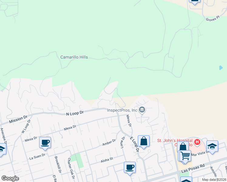 map of restaurants, bars, coffee shops, grocery stores, and more near Ocean View Drive in Camarillo